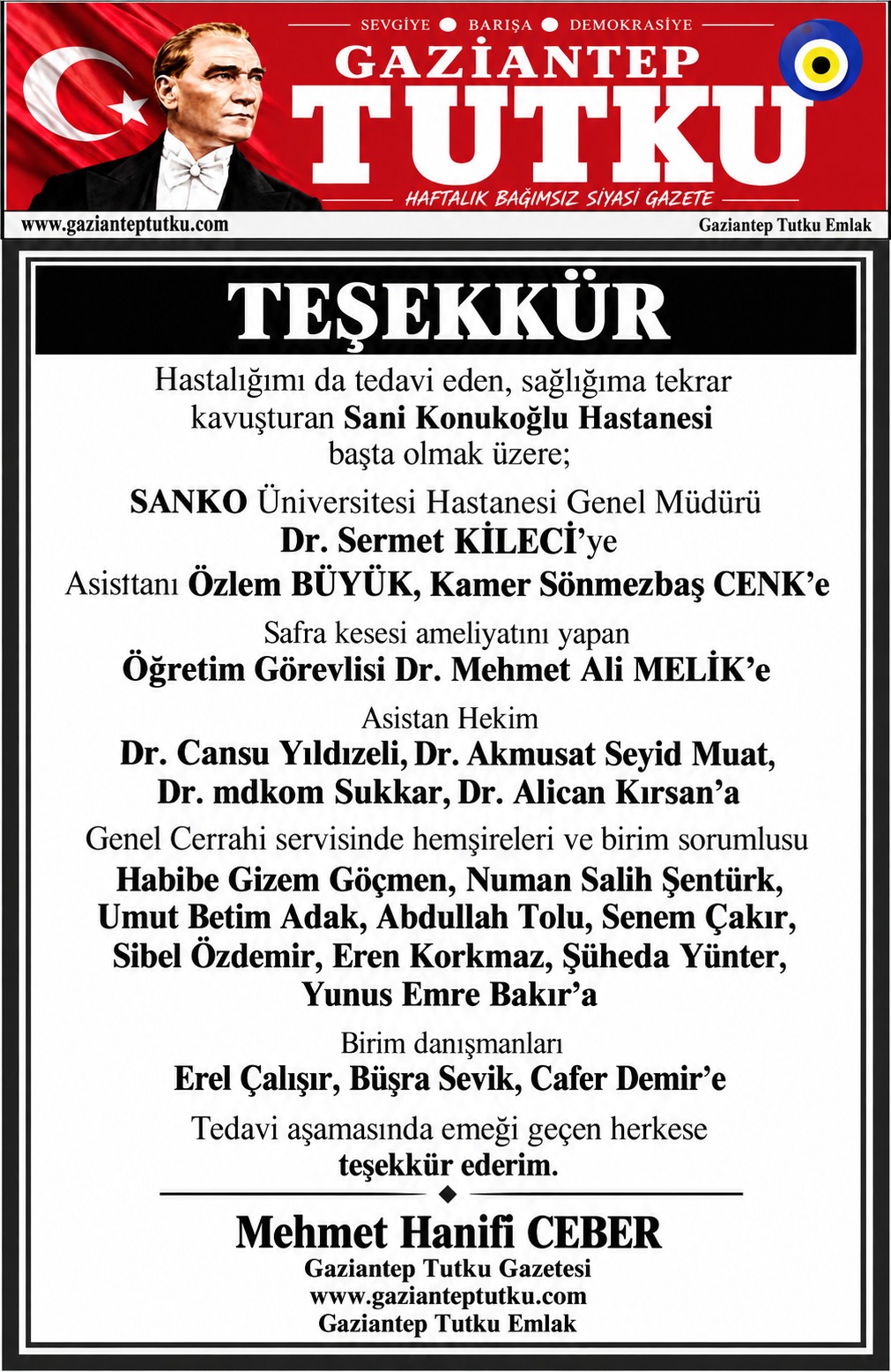 Mehmet Hanifi Ceber teşekk&uuml;r yazısı